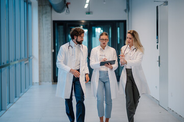 Doctors walking and discussing patient chart in hospital corridor