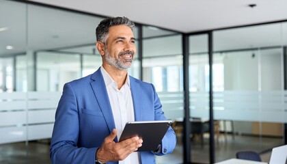 Mature Latin male entrepreneur using pad computer in corporate office, dreaming and working. Senior executive looking. Copy space.