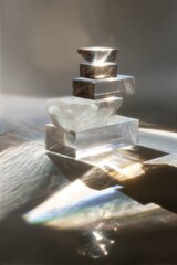 A stack of clear and silver square and bowl shaped objects with light reflecting on the surface