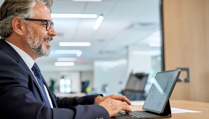 50s mature entrepreneur using touch screen pad at professional workplace. Smiling Latin ceo working in office. Copy space.