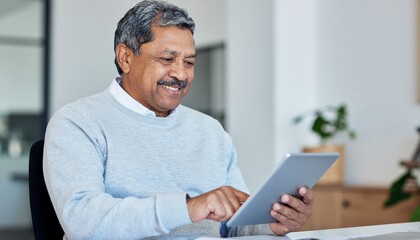 Mature Latin business man working on touchscreen computer device in office. Senior executive manager investing. Copy space.