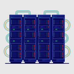 Illustration of server racks in a data center, showing connectivity and components.
