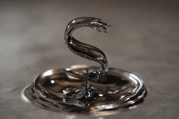 Close up of a shiny silver snake shaped sculpture on a reflective surface with a blurred background
