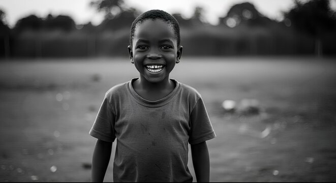Joyful African Boy Smiling in Black and White – Perfect for Educational Materials, Diversity Campaigns, Emotional Storytelling, Humanitarian Projects, or Inspirational Visual Content