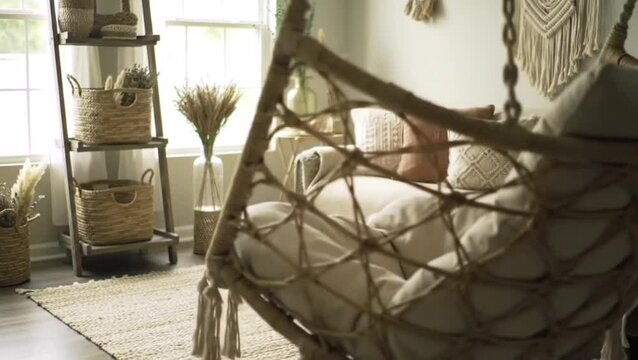 Interior of a room with a hanging chair and decorative ladder shelf