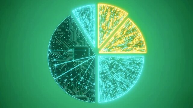 Futuristic digital pie chart visualization with glowing segments representing data analysis and technology