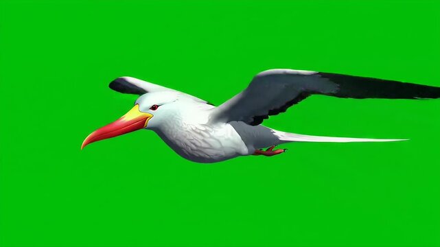 3D Render Tropicbird Isolated on Green Screen Chroma Key with White Plumage Gray Wings and a Distinctive Red Beak Perfect for Creative Projects