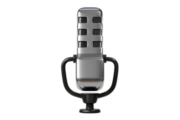 3d Microphone for radio, music or karaoke. Audio equipment for broadcasts and interviews in cartoon style. Minimal Cartoon Silver metal microphone isolated on white transparent background. 3d render.