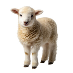 Obraz premium A fluffy white lamb with soft wool stands sweetly, isolated on transparent background, showcasing its adorable face and gentle nature