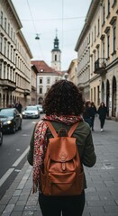 Person with backpack walking down a city street