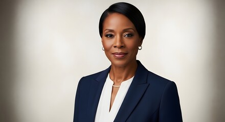 Portrait of a professionally dressed Black woman in a navy suit and pearl necklace