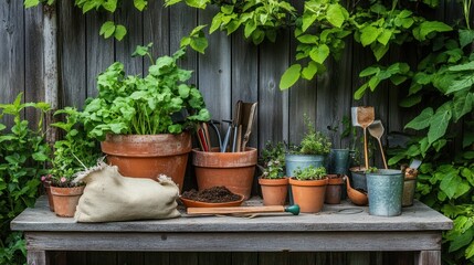 Gardening tools and plants on rustic wooden table