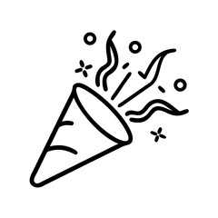 A simple line art of a party popper, celebrating with a festive explosion of streamers, conveying a sense of joy and excitement, perfect for conveying celebratory event.