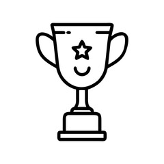 A simple illustration of a trophy featuring a star with smiling face, designed in a minimalistic, line-art style. Representing achievement and rewards.