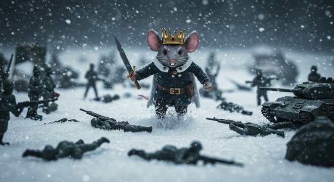 A whimsical mouse king leading toy soldiers and a tank in a snowy battlefield adventure