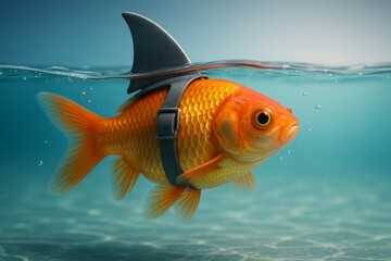 Goldfish with shark fin in clear blue water surreal conceptual image