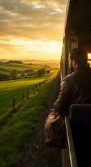 Train travel at sunset through rolling countryside