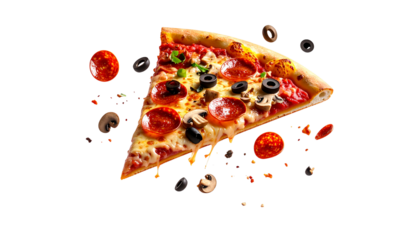 Floating pizza slice with exaggerated toppings; pepperoni, mushrooms, olives, and cheese, perfect for advertising or promotional graphics