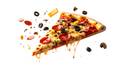 Floating pizza slice with exaggerated toppings; pepperoni, mushrooms, olives, and cheese, perfect for advertising or promotional graphics