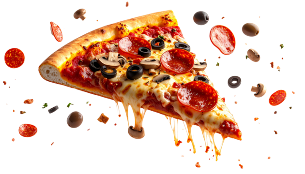 Floating pizza slice with exaggerated toppings; pepperoni, mushrooms, olives, and cheese, perfect for advertising or promotional graphics