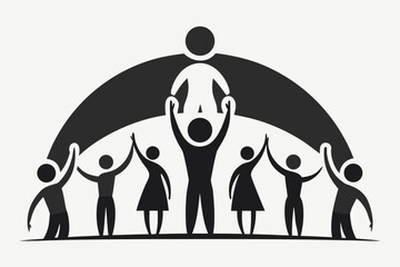 Diverse group of people celebrating success under a protective arch and leadership guidance