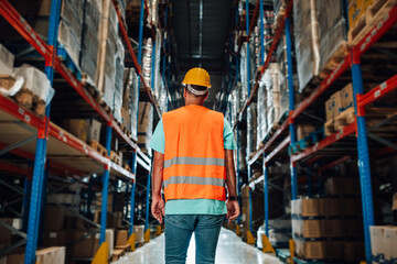 Warehouse worker walking through storage aisles inspecting merchandise