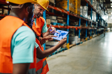 Warehouse workers planning global logistics using digital tablet