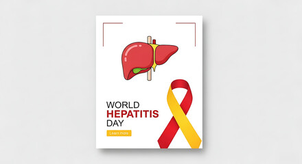 World Hepatitis Day poster featuring a liver illustration and a red and yellow awareness ribbon.