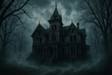 Haunting abandoned mansion with gothic architecture shrouded in mysterious fog for Halloween horror themes