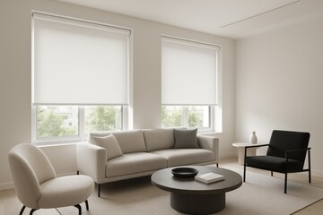 Fototapeta premium Minimalist white motorized roller blinds perfectly installed in contemporary living room with modern furniture and natural light