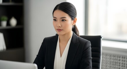 Woman in a black suit jacket and white blouse at a desk with a laptop