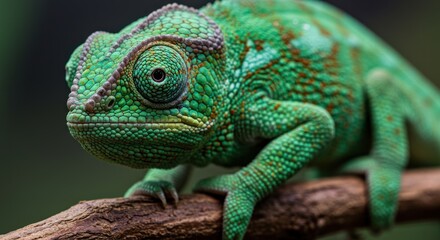 Fototapeta premium Detailed close-up of a vibrant green chameleon showcasing intricate skin textures and patterns