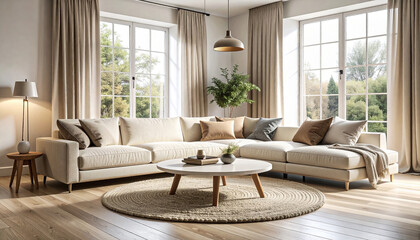 Fototapeta premium Spacious living room with large beige sofa and windows