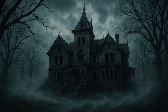 Haunting abandoned mansion with gothic architecture shrouded in mysterious fog for Halloween horror themes - Powered by Adobe