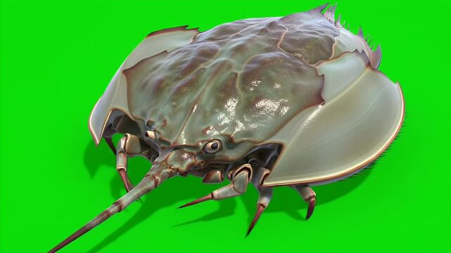 Detailed 3D Render Horseshoe Crab Isolated by Green Screen Showing Exoskeleton and Telson Marine Arthropod