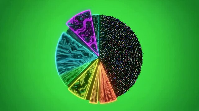 Colorful abstract pie chart with intricate patterns on a vibrant green background, representing data visualization