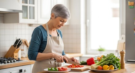 Woman in apron chopping vegetables in a kitchen