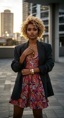 Woman in blazer and patterned dress with gold jewelry