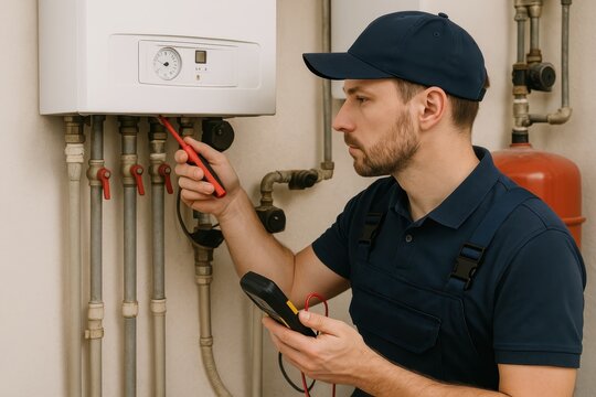 Professional plumber inspecting and repairing central heating system with specialized tools and technical expertise