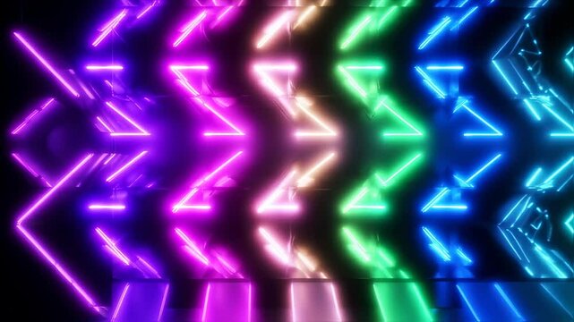 Dynamic neon zigzag pattern animation exhibiting vibrant color spectrum transitions, forming captivating tunnel illusion visuals