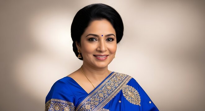 Woman in blue sari with gold embroidery and jewelry - Powered by Adobe