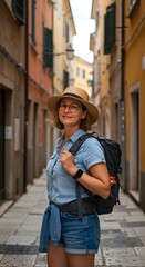 Woman in hat denim shirt denim shorts and backpack in a narrow street