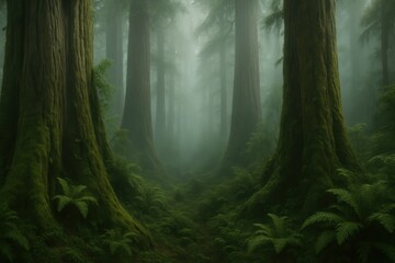 Fototapeta premium Ancient misty rainforest with towering trees and ethereal fog creating mystical atmosphere for environmental awareness