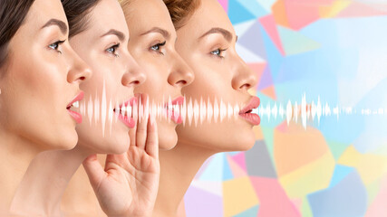 Four diverse women in profile view, with open mouths and visible sound waves emanating, illustrating communication, voice, expression, and audio concepts against a vibrant geometric background.