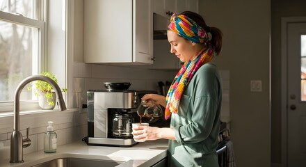 Woman pouring coffee from a carafe into a mug in a bright kitchen
