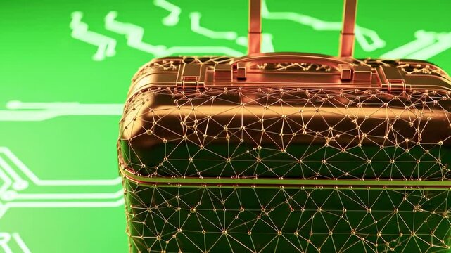 Futuristic suitcase design with a geometric pattern against a vibrant green circuit board background