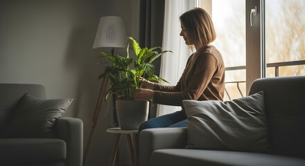 Woman tending to a houseplant by a window