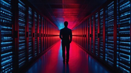 a solitary figure strides through a neon-lit server room a powerful representation of data management and the intricate technological world we inhabit, where information security is paramount