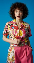 Woman with curly hair wearing a colorful patterned shirt and pink pants