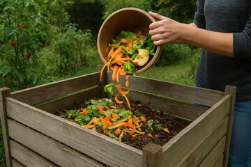 Dedicated homeowner composting kitchen scraps in backyard bin promoting sustainable living